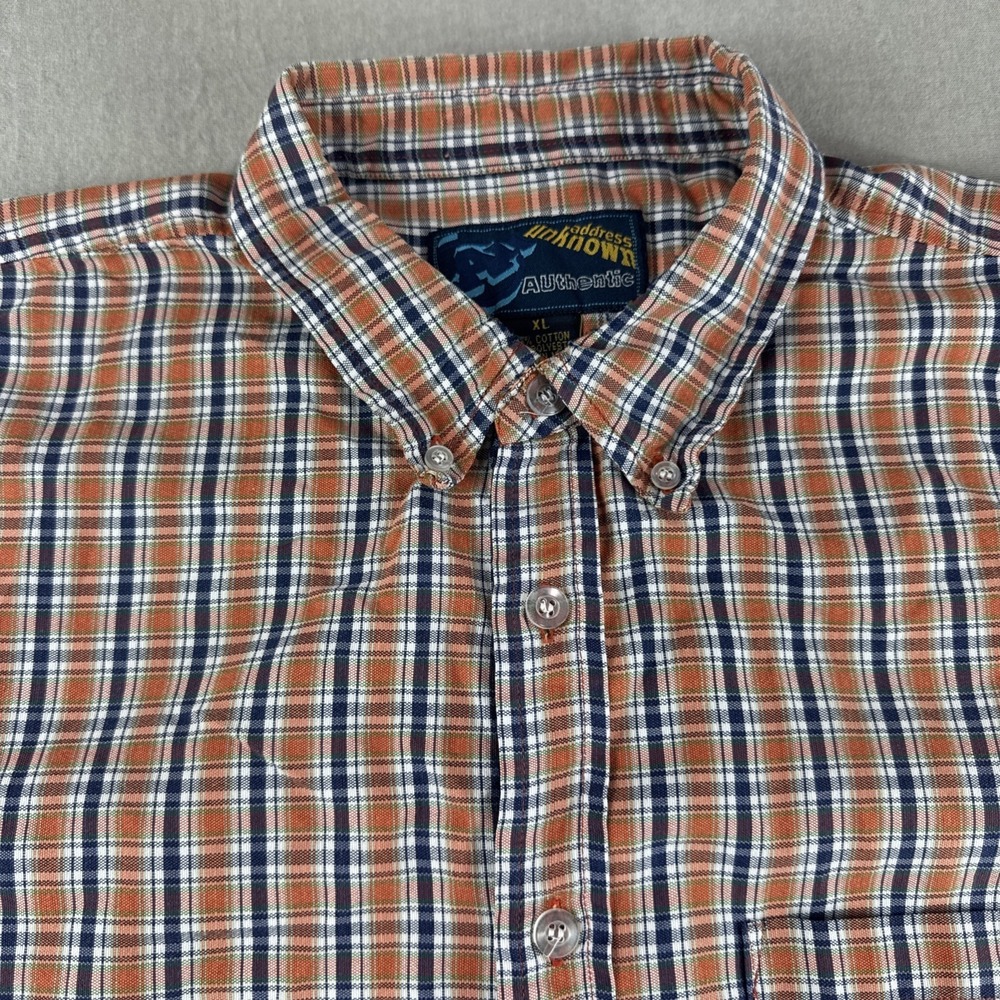 Vintage Address Unknown Shirt Mens XL Orange Plaid Short Sleeve Button Up Y2K